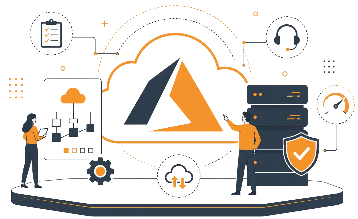 Microsoft Azure Services Company banner illustration showing cloud architecture migration and managed operations