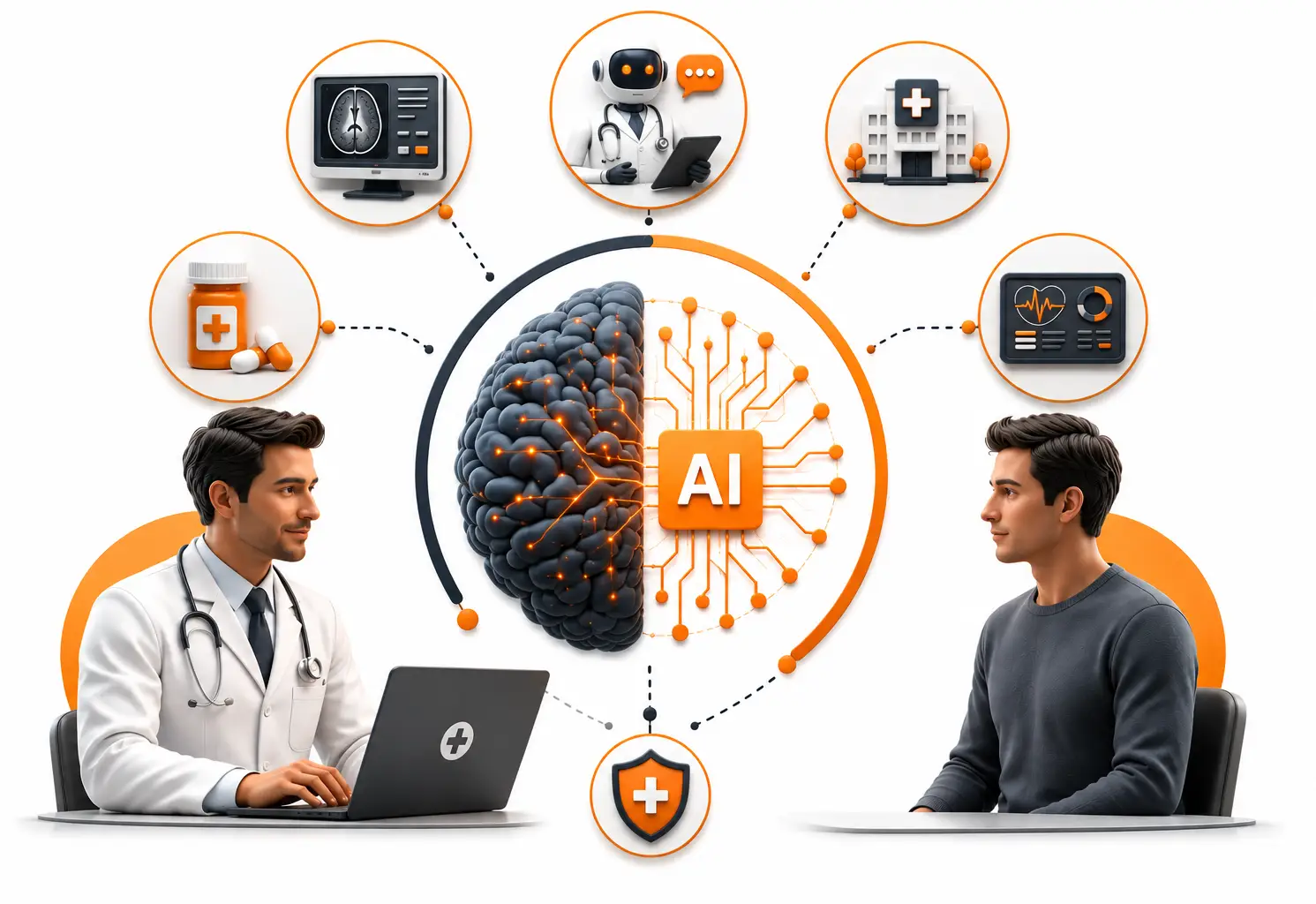 Illustration of AI in Healthcare applications including machine learning NLP and computer vision for clinical workflows