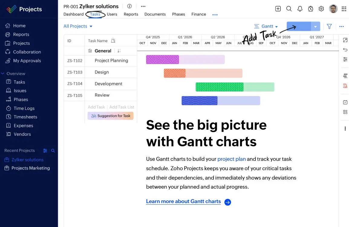 Zoho Projects platform screenshot showing task management, Gantt charts and collaboration features