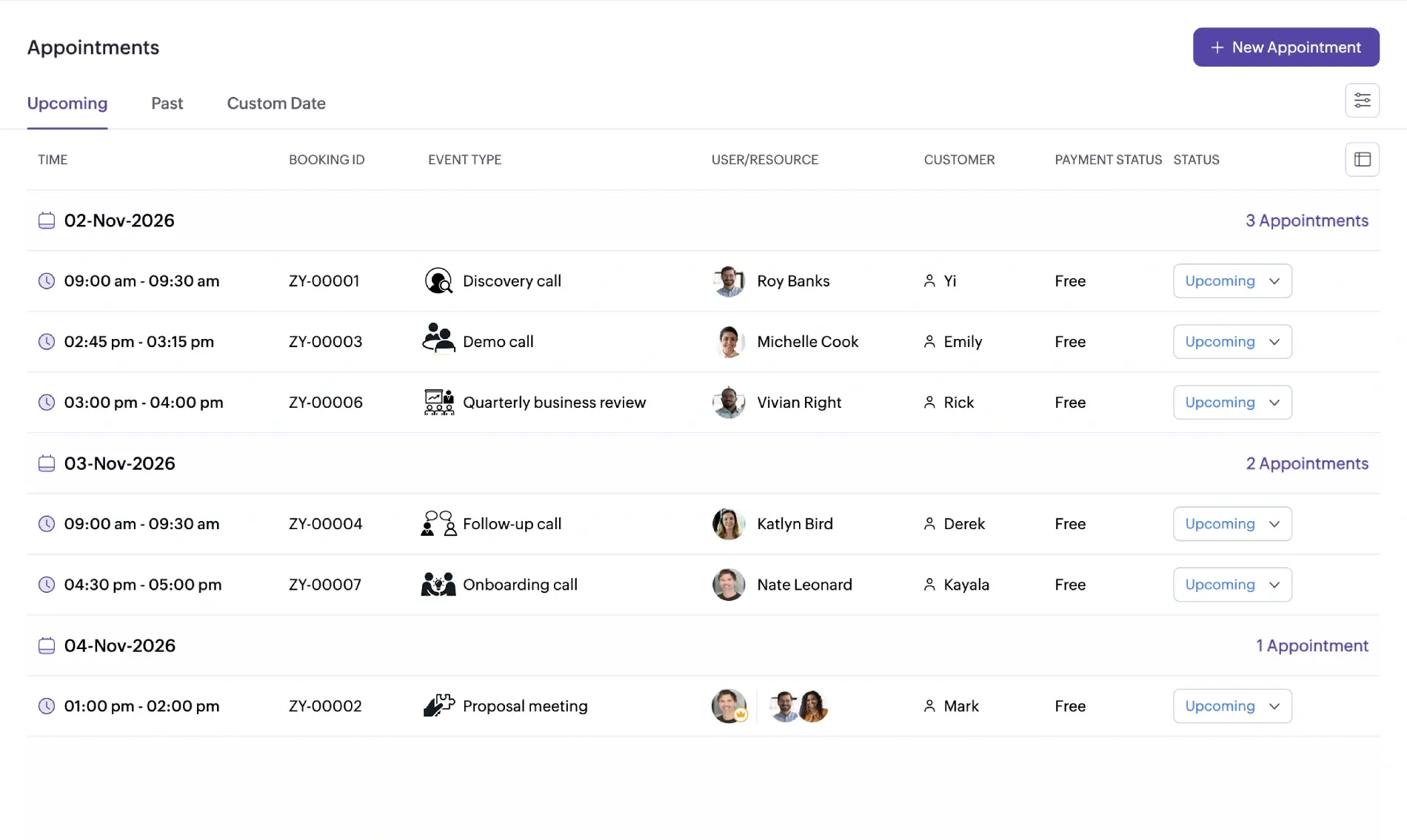 Zoho Bookings appointment scheduling dashboard interface