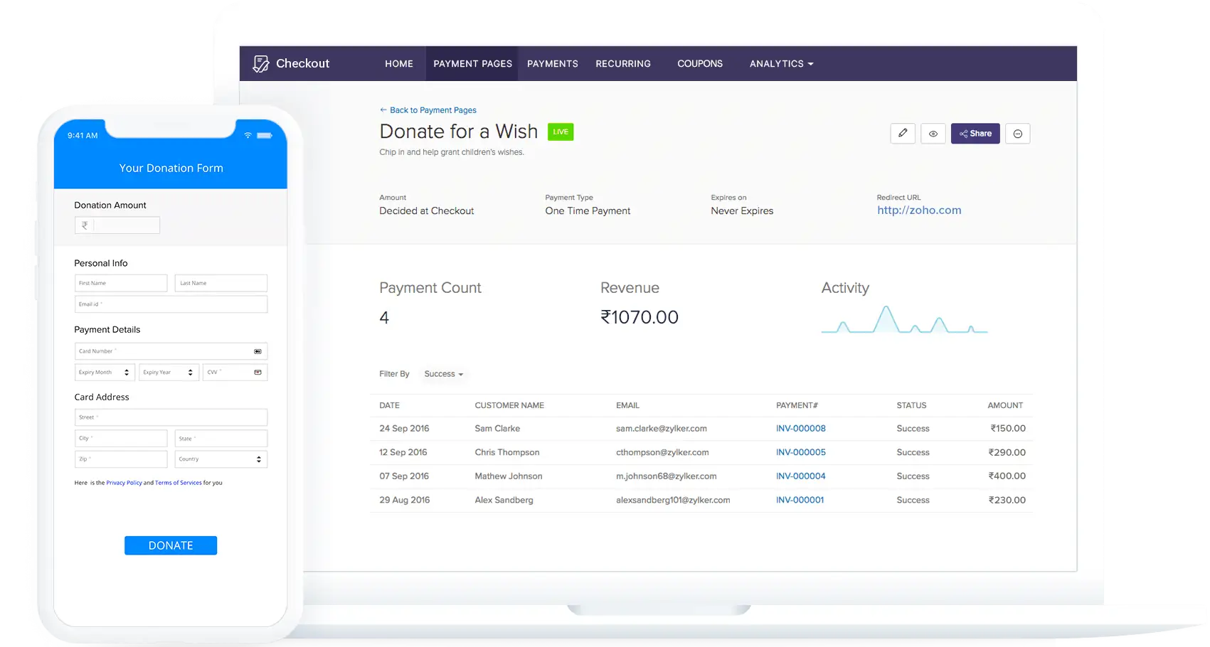 Zoho Checkout application dashboard interface