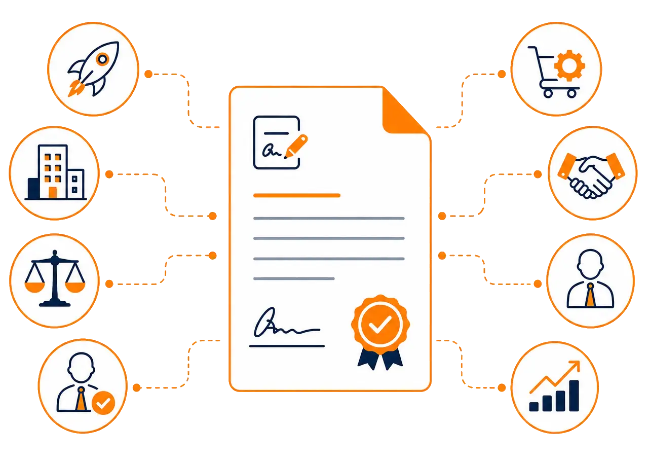 Illustration showing businesses and teams best suited for Zoho Contracts contract lifecycle management platform