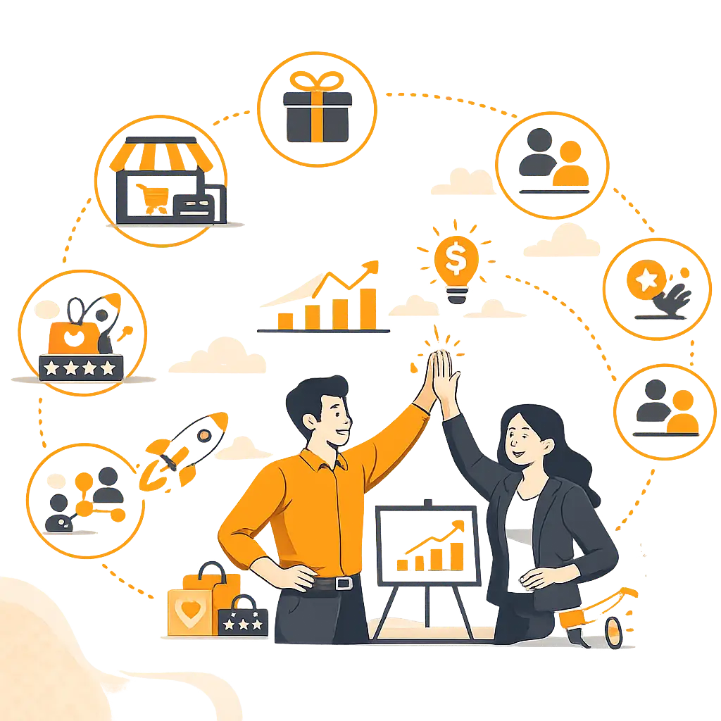 Illustration showing businesses and teams that benefit from using Zoho Connect for workplace collaboration
