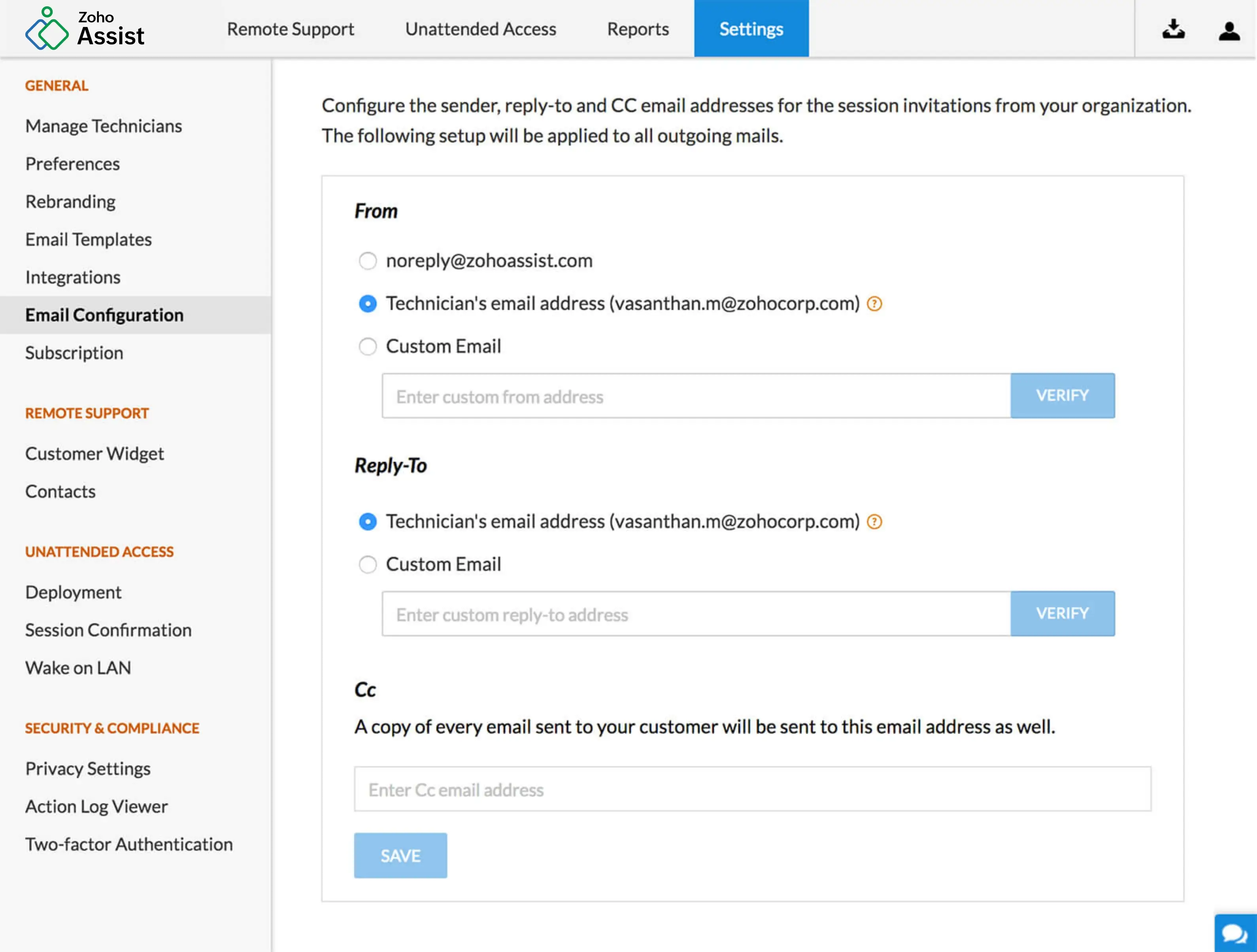 Zoho Assist dashboard interface – remote session control panel and device management view