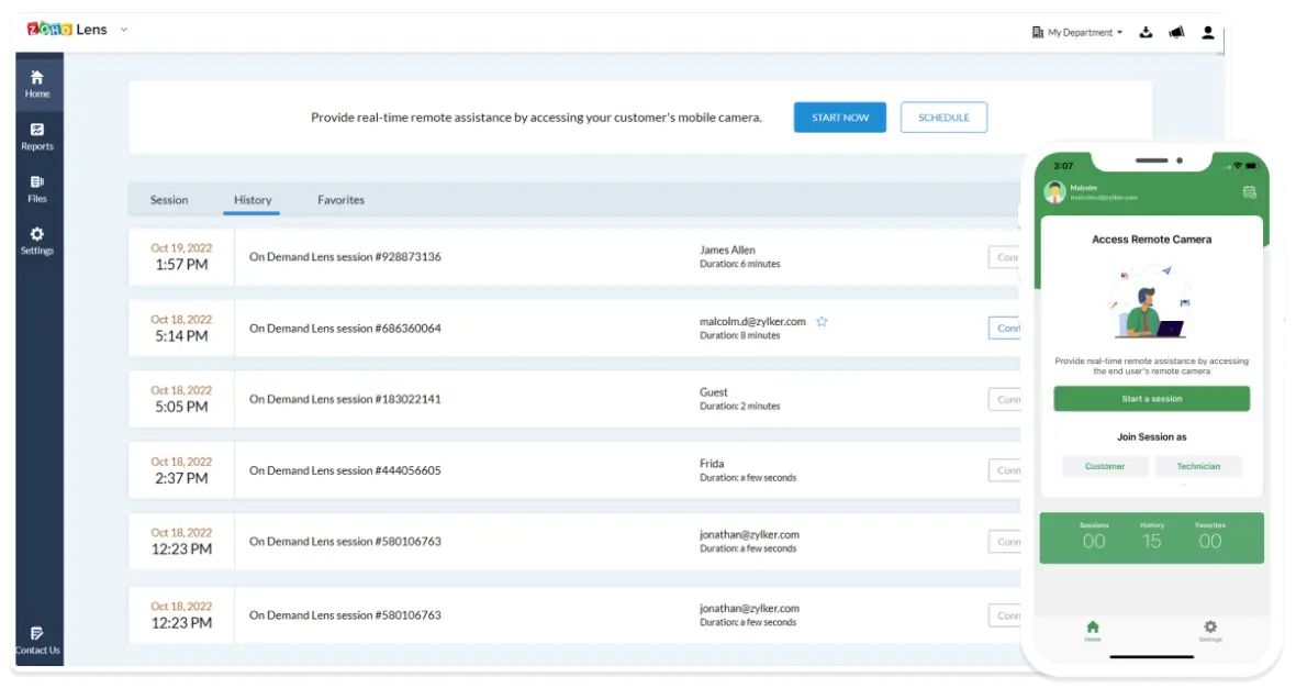 Zoho Lens interface displaying live AR remote assistance with annotations and real-time camera view