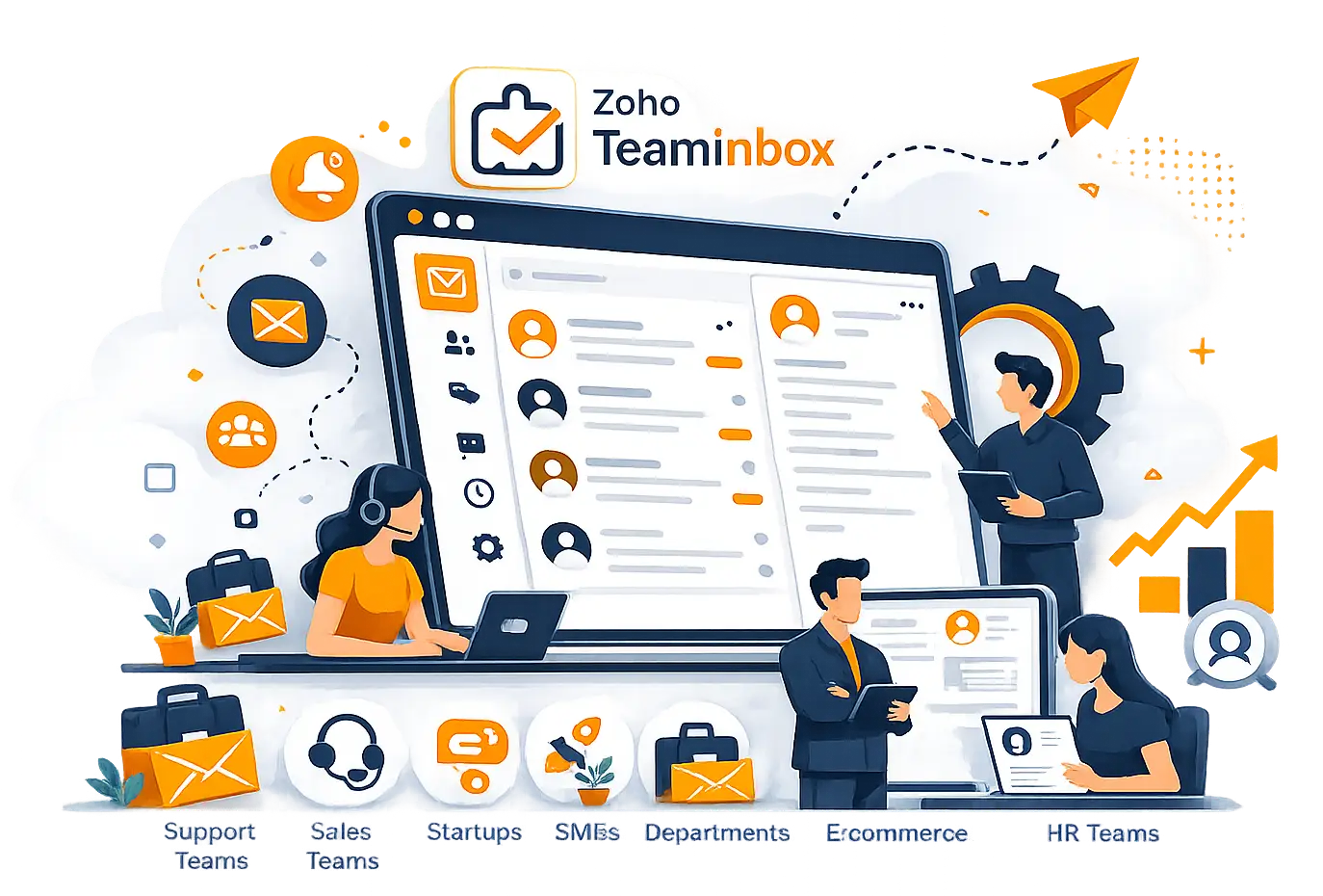 Illustration showing businesses and teams that benefit from using Zoho Connect for workplace collaboration