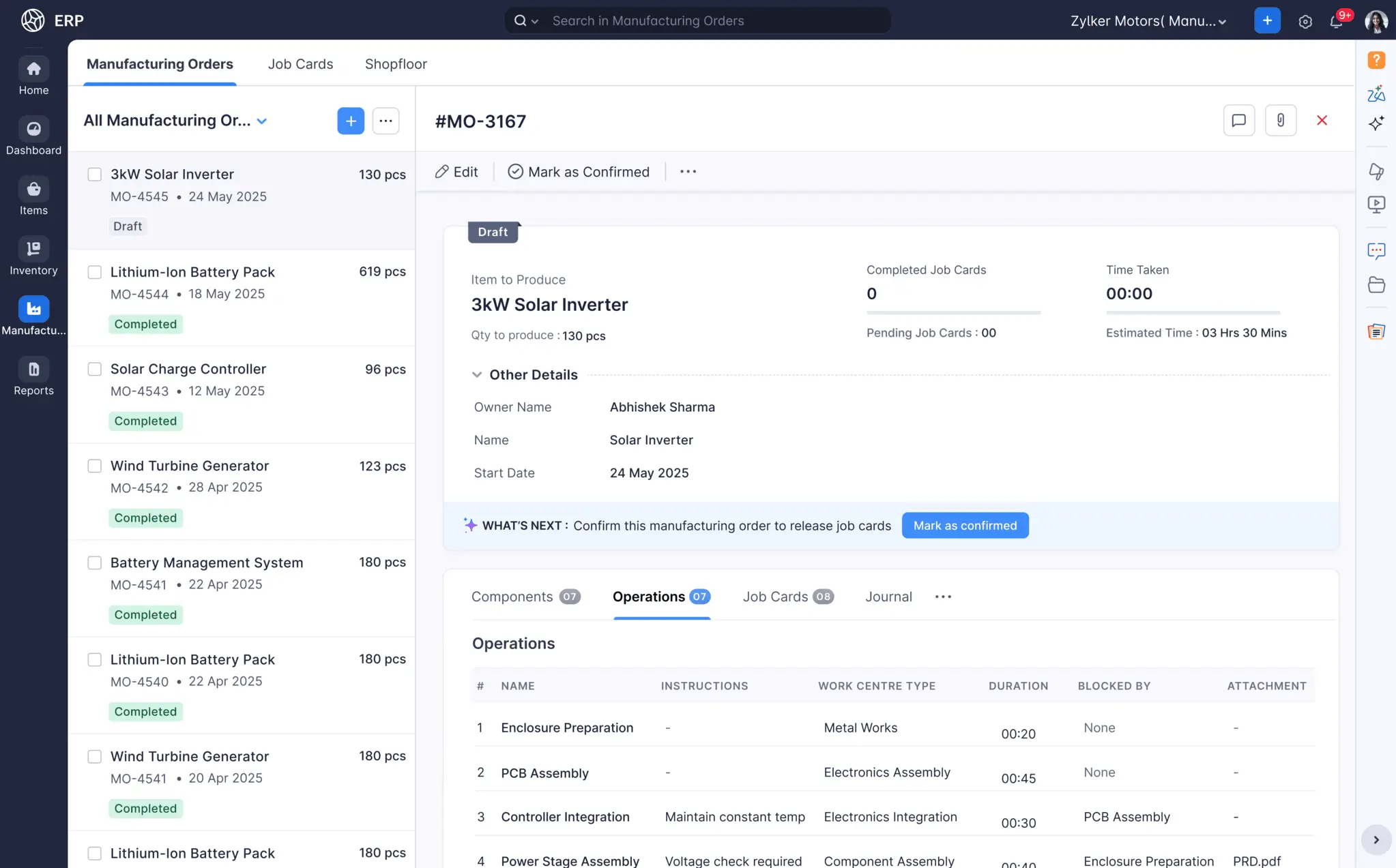 Zoho ERP manufacturing operations and automation illustration