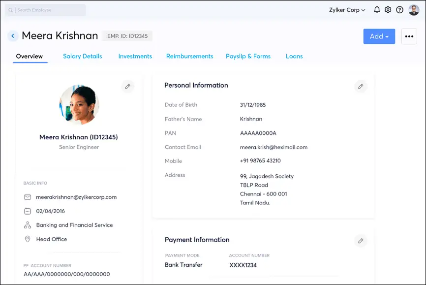 Zoho Payroll employee self-service portal interface showing payslip access and mobile view