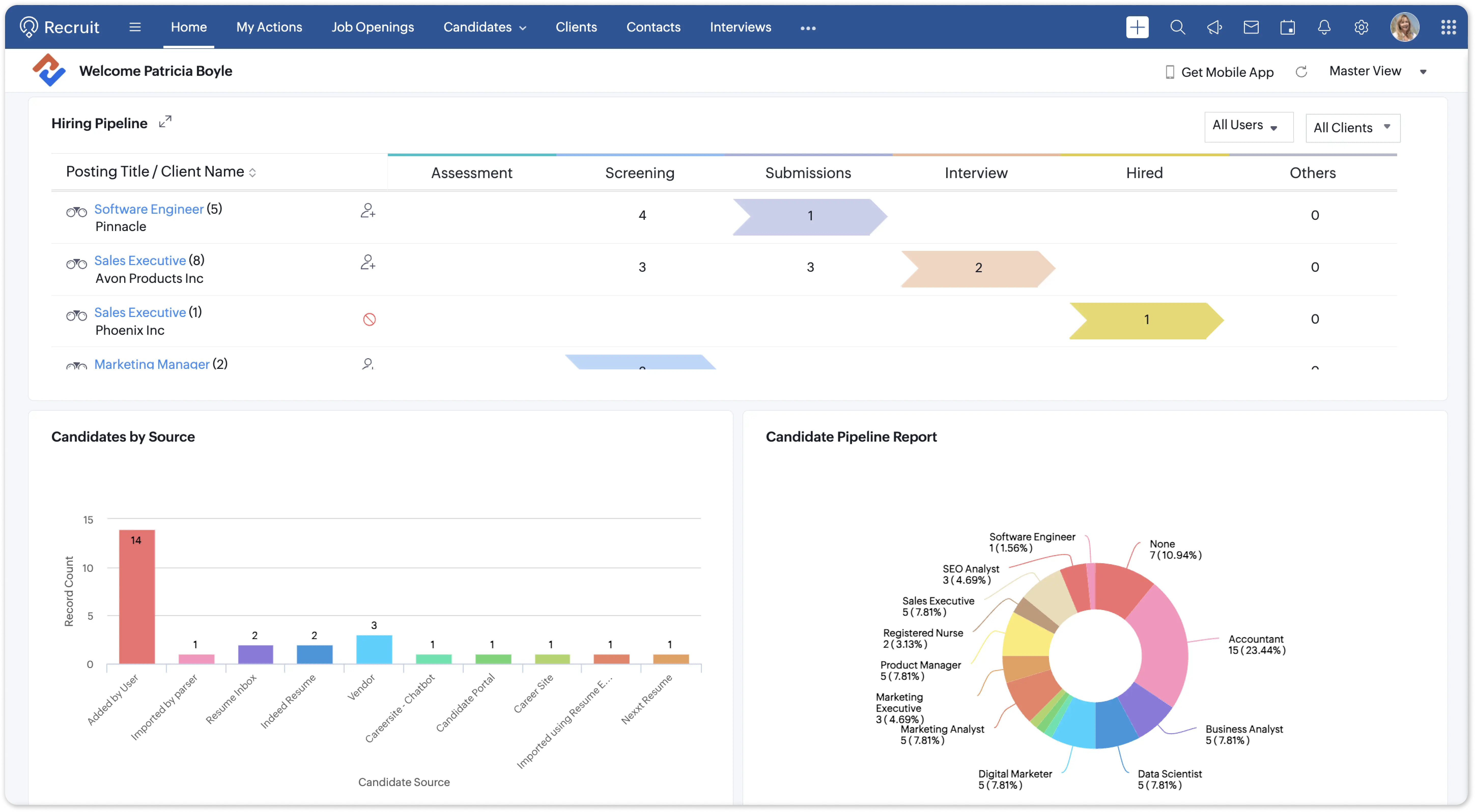 Zoho Recruit ATS interface showing candidate portal, mobile access and recruitment dashboard